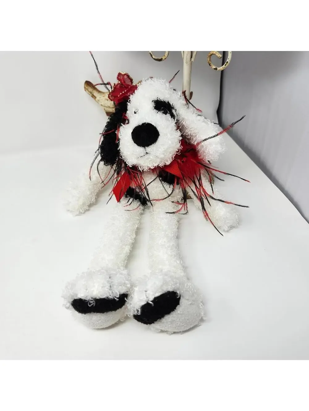 Dressed Up Plush Dog Stuffed Animal Black White Red Feather Accent Decor 16